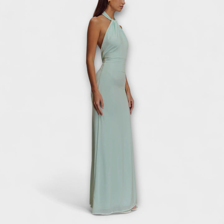 Long Dress with Neck Tie and Satin Texture
