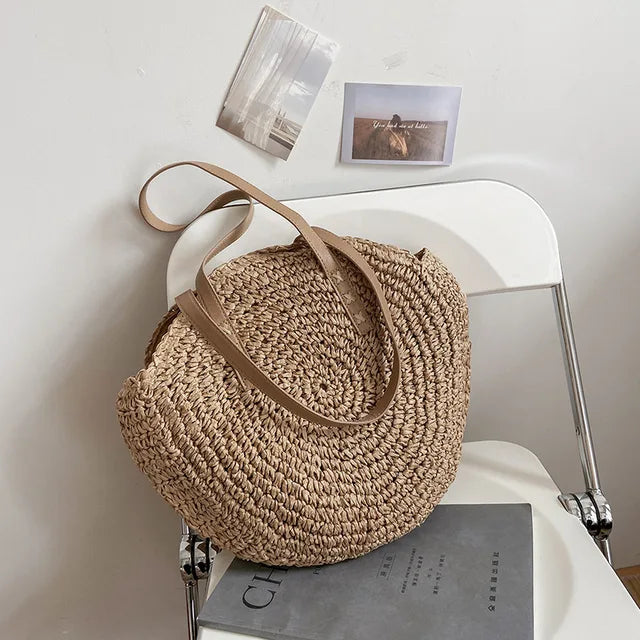 Willow | Circular Woven Handbag with Faux Leather Handles