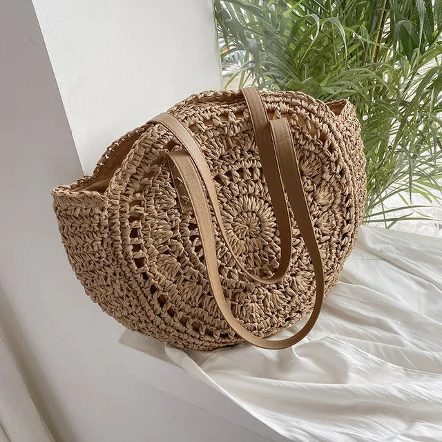 Willow | Circular Woven Handbag with Faux Leather Handles