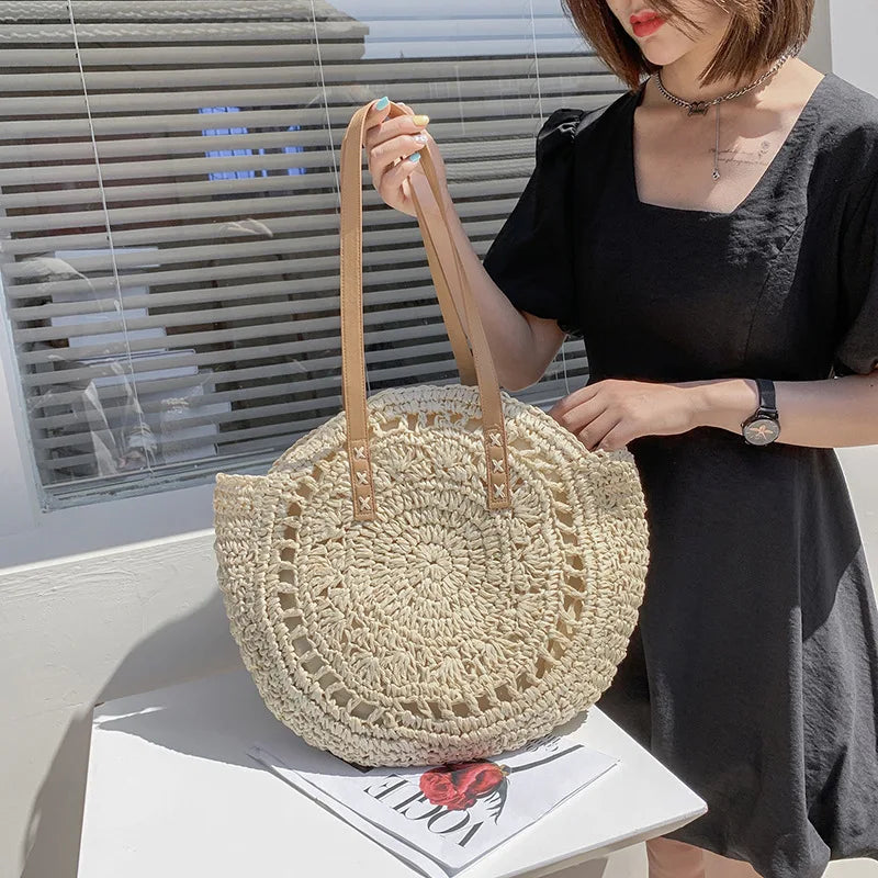 Willow | Circular Woven Handbag with Faux Leather Handles