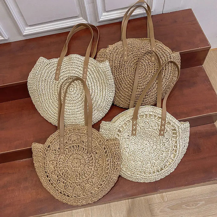Willow | Circular Woven Handbag with Faux Leather Handles