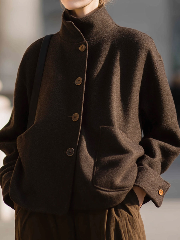 Minimalist Brown Wool Stand-Collar Jacket