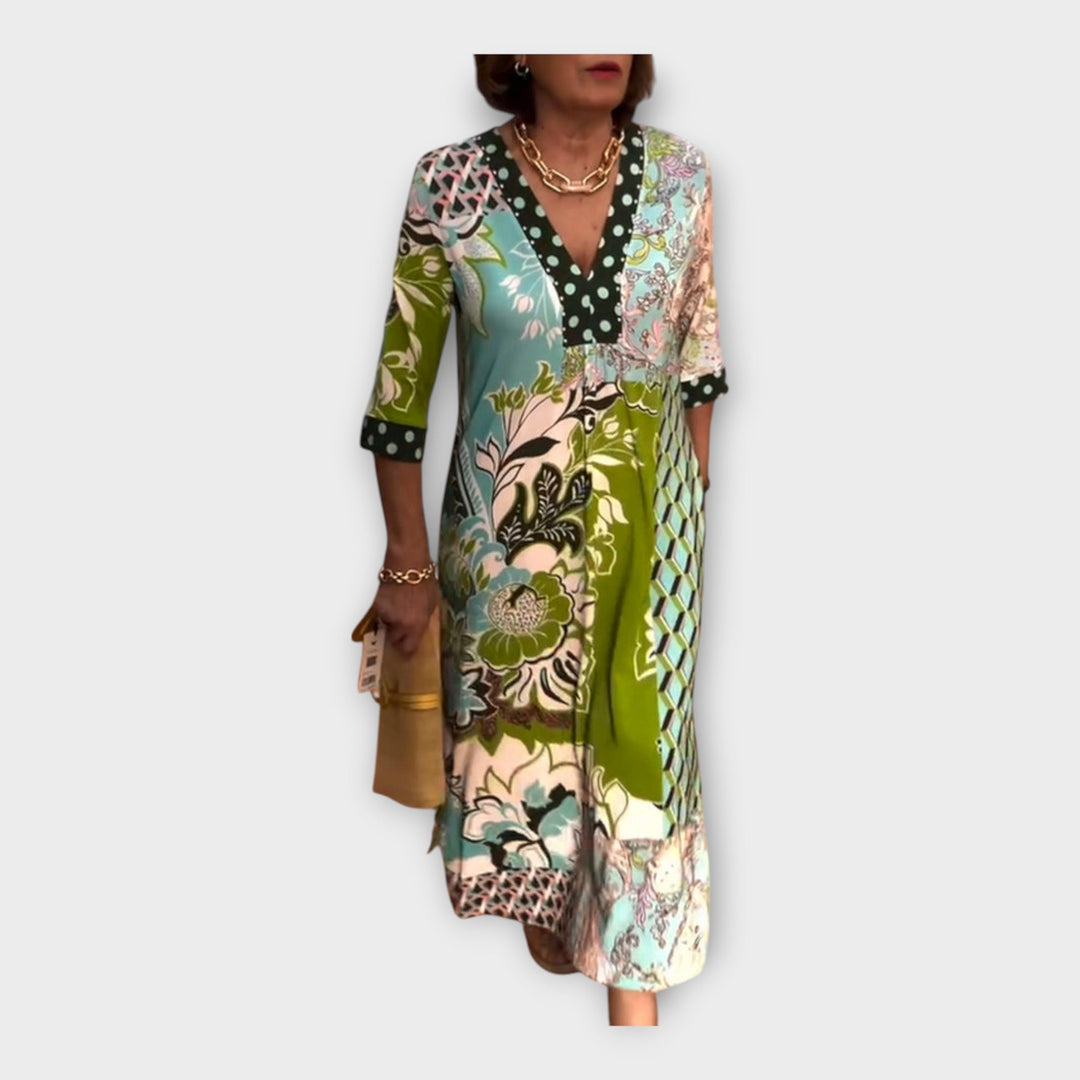 Multicoloured Dress with Buttons and 3/4 Sleeves