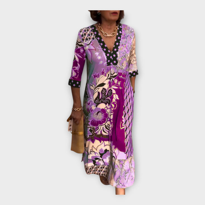 Multicoloured Dress with Buttons and 3/4 Sleeves